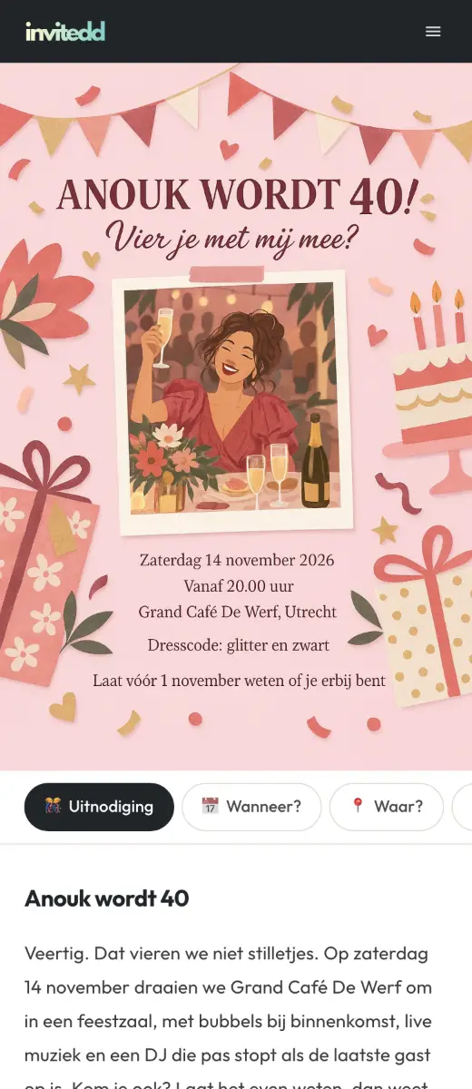 De voorbeelduitnodiging Anouk wordt 40 zoals gasten hem op hun telefoon zien