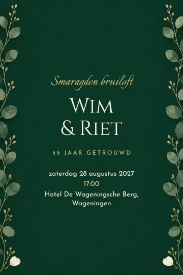 Uitnodiging Jubileum, ontwerp Eucalyptus op smaragd