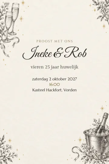 Uitnodiging Jubileum, ontwerp Champagne in potloodlijn