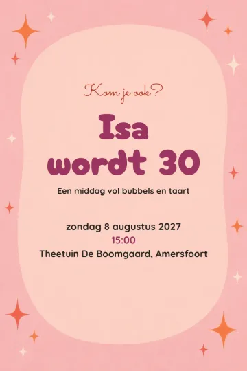 Uitnodiging Verjaardag, ontwerp Perzik en sterren