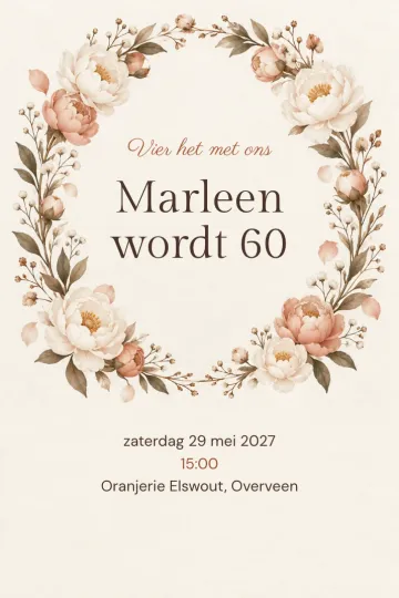 Uitnodiging Verjaardag, ontwerp Pioenrozenkrans
