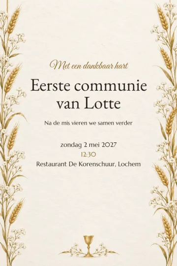 Uitnodiging Doop en communie, ontwerp Gouden aren