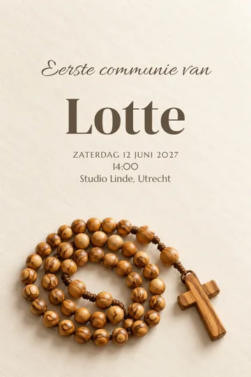 Uitnodiging met het ontwerp Olijfhouten gebedssnoer