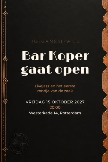 Uitnodiging Bedrijfsfeest, ontwerp Koperen toegangskaart