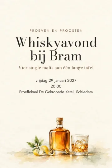 Uitnodiging Diner en borrel, ontwerp Whisky met citroenschil