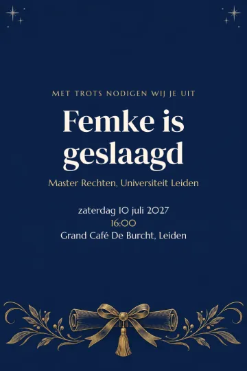 Uitnodiging Geslaagd, ontwerp Diploma op nachtblauw