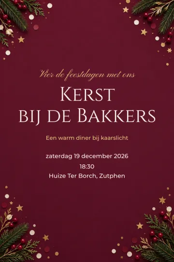 Uitnodiging Feestdagen, ontwerp Kerst in bessenrood