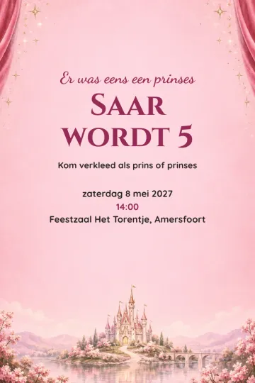 Uitnodiging Kinderfeest, ontwerp Kasteel achter het gordijn