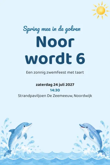 Uitnodiging Kinderfeest, ontwerp Springende dolfijnen