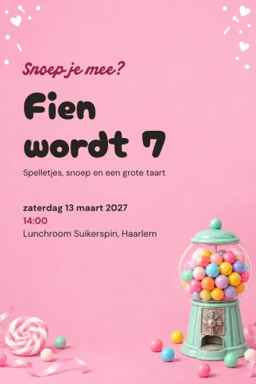 Uitnodiging Kinderfeest, ontwerp Kauwgomballenautomaat
