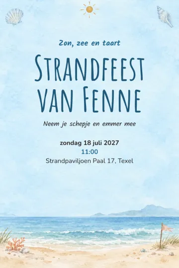 Uitnodiging Kinderfeest, ontwerp Schelpen en zon