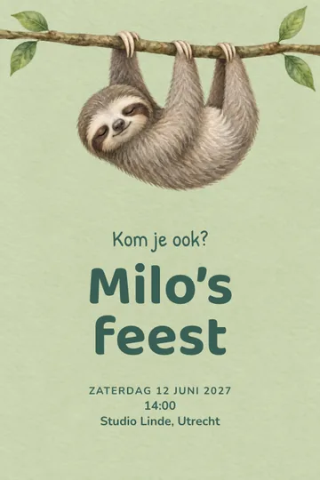 Uitnodiging met het ontwerp Luiaardfeest