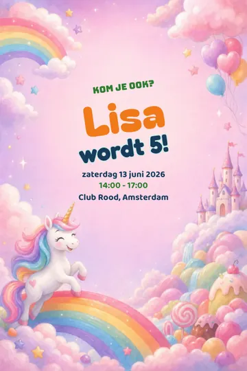 Uitnodiging met het ontwerp Eenhoornland