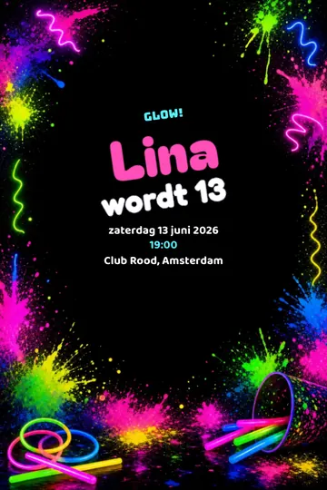 Uitnodiging met het ontwerp Glowfeest