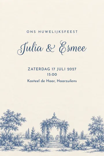 Uitnodiging Bruiloft, ontwerp Blauw prieel