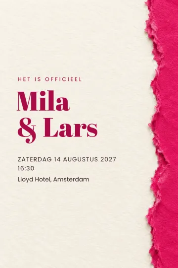 Uitnodiging Bruiloft, ontwerp Scheurrand in fuchsia