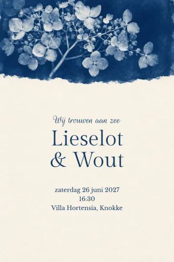 Uitnodiging Bruiloft, ontwerp Hortensia in blauwdruk