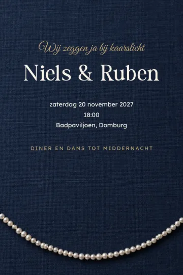 Uitnodiging Bruiloft, ontwerp Parelsnoer op navy