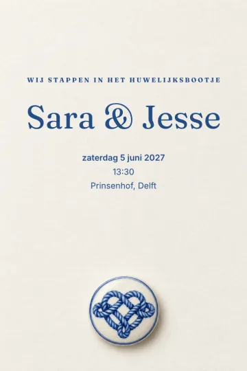 Uitnodiging Bruiloft, ontwerp Delfts blauwe liefdesknoop