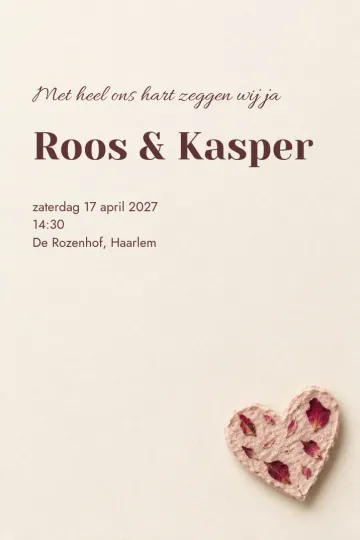 Uitnodiging Bruiloft, ontwerp Hart van rozenpapier