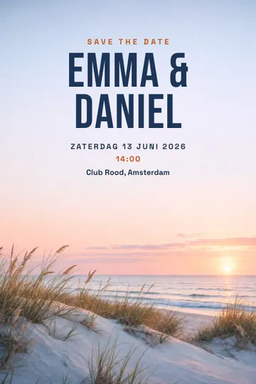Uitnodiging met het ontwerp Save the date: aan zee