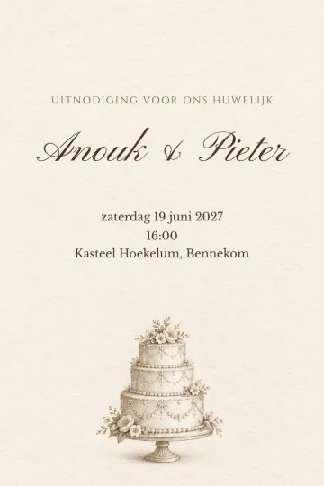 Uitnodiging Bruiloft, ontwerp Bruidstaart in gravure