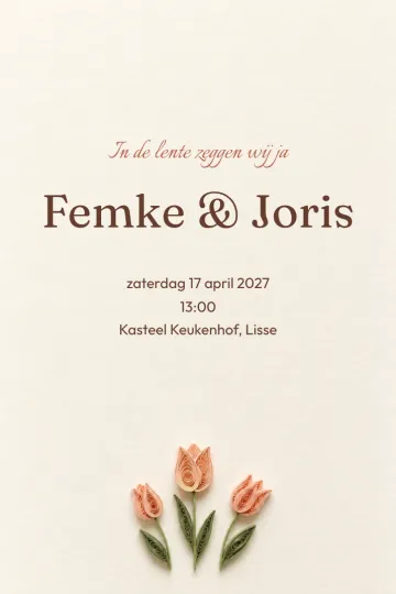 Uitnodiging Bruiloft, ontwerp Tulpen van papier