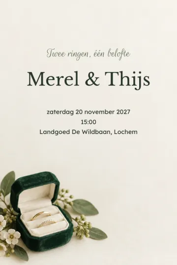 Uitnodiging Bruiloft, ontwerp Fluwelen ringdoosje