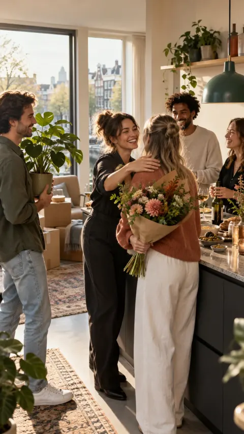 Vrienden vieren een housewarming in een nieuw appartement