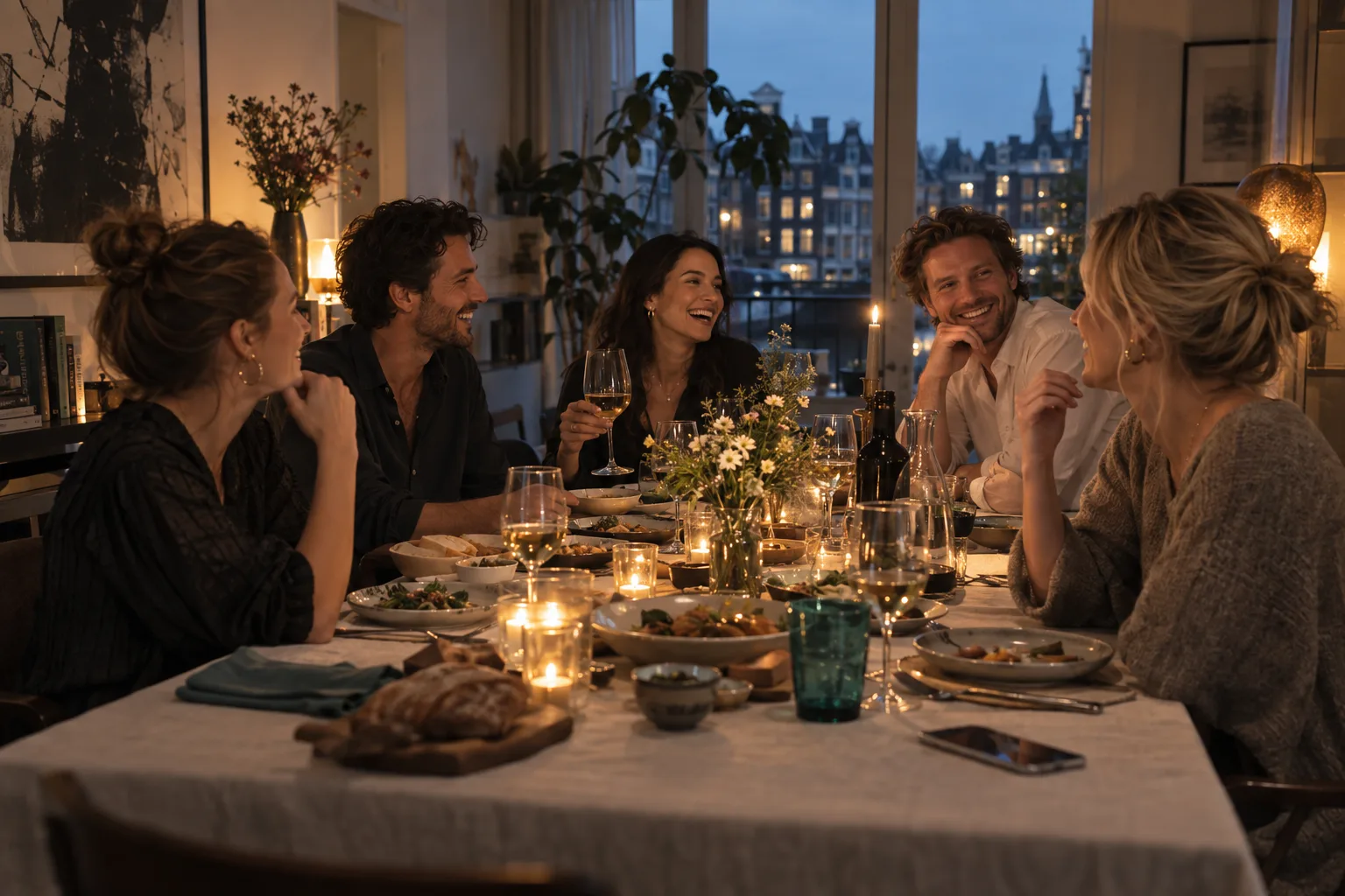Vrienden genieten samen van een diner bij kaarslicht